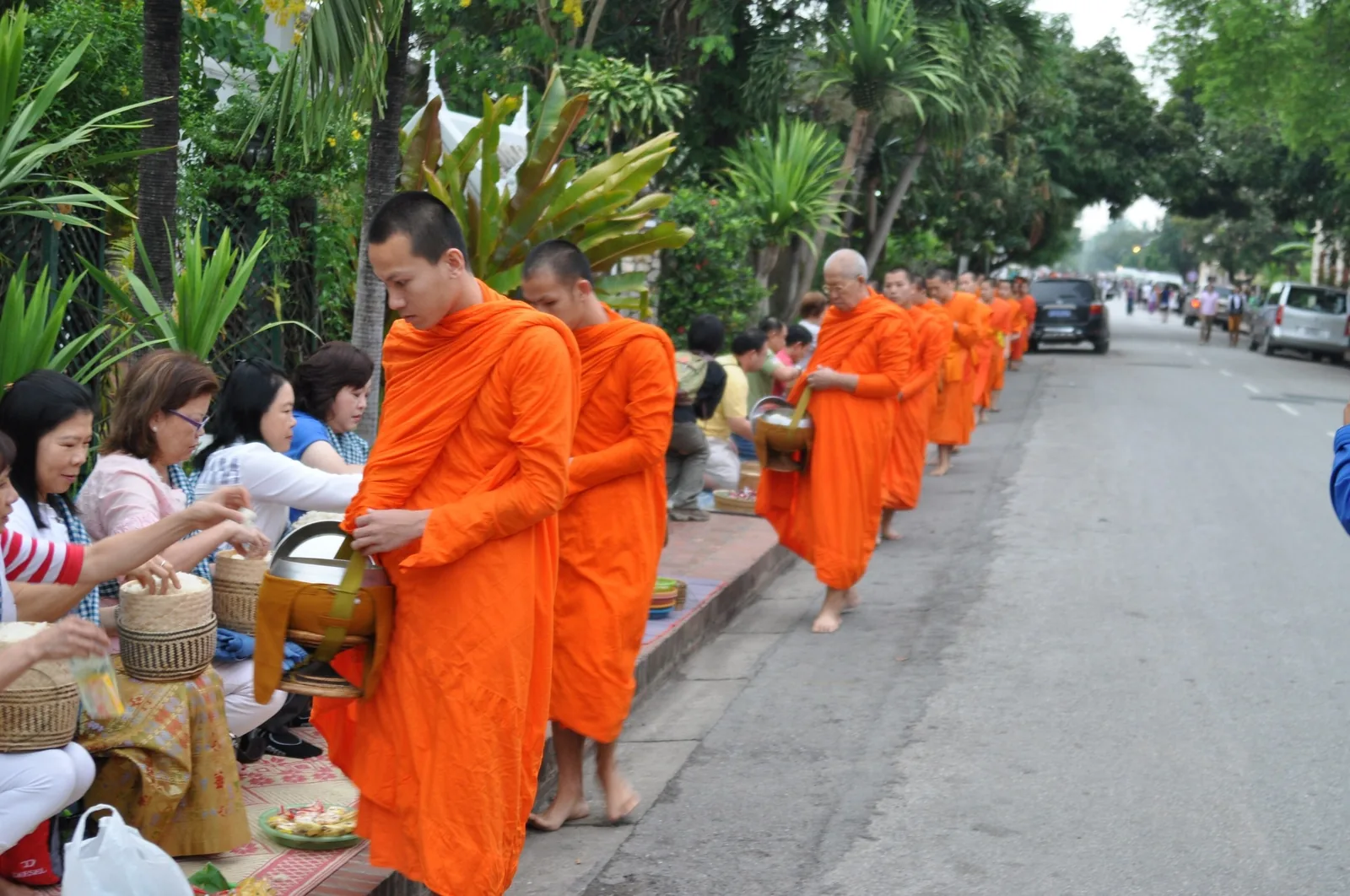 Buddhist monks in orange robes walk barefoot along a street collecting alms from kneeling locals in Luang Prabang.