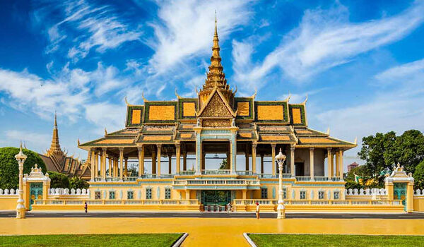 Riverfront view of the Royal Palace complex in Phnom Penh, Cambodia