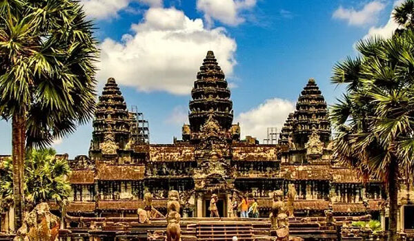 Stone towers of a temple in the Angkor Archaeological Park near Siem Reap
