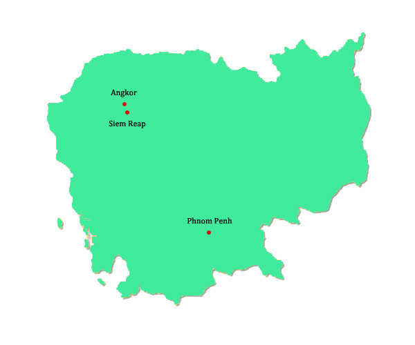 Map of Cambodia showing its border with Vietnam, Laos and Thailand