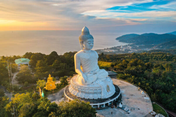 Aerial view of the Big Buddha viewpoint over Phuket at sunset