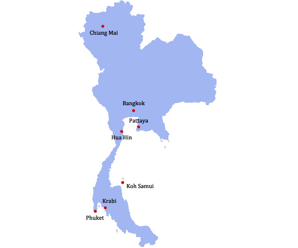 Map of Thailand showing its central, northern, north-eastern and southern regions