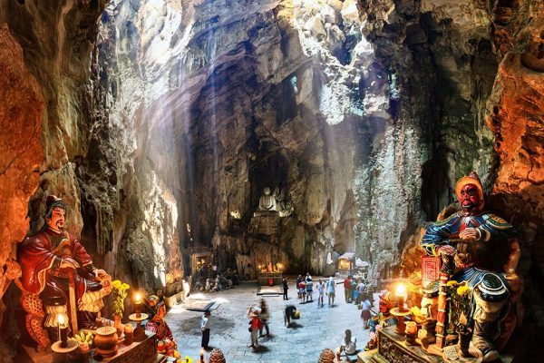 Golden Bridge held by giant stone hands at Ba Na Hills near Da Nang