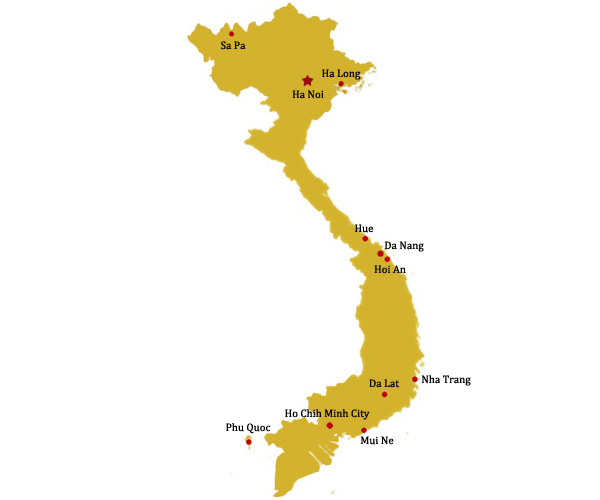 Map of Vietnam outlining its northern, central and southern regions